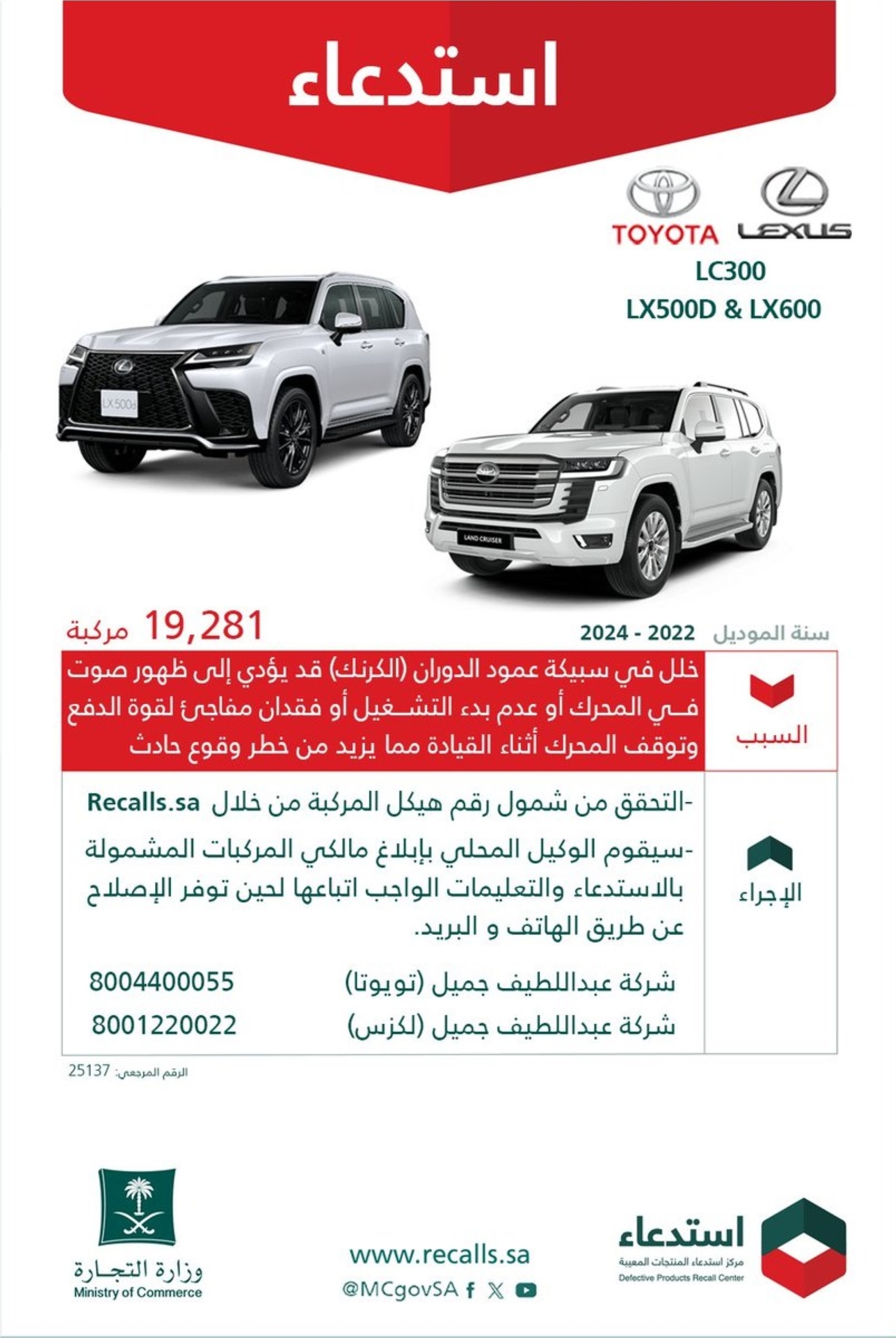 استدعاء 19 ألف سيارة "تويوتا" و"لكزس"